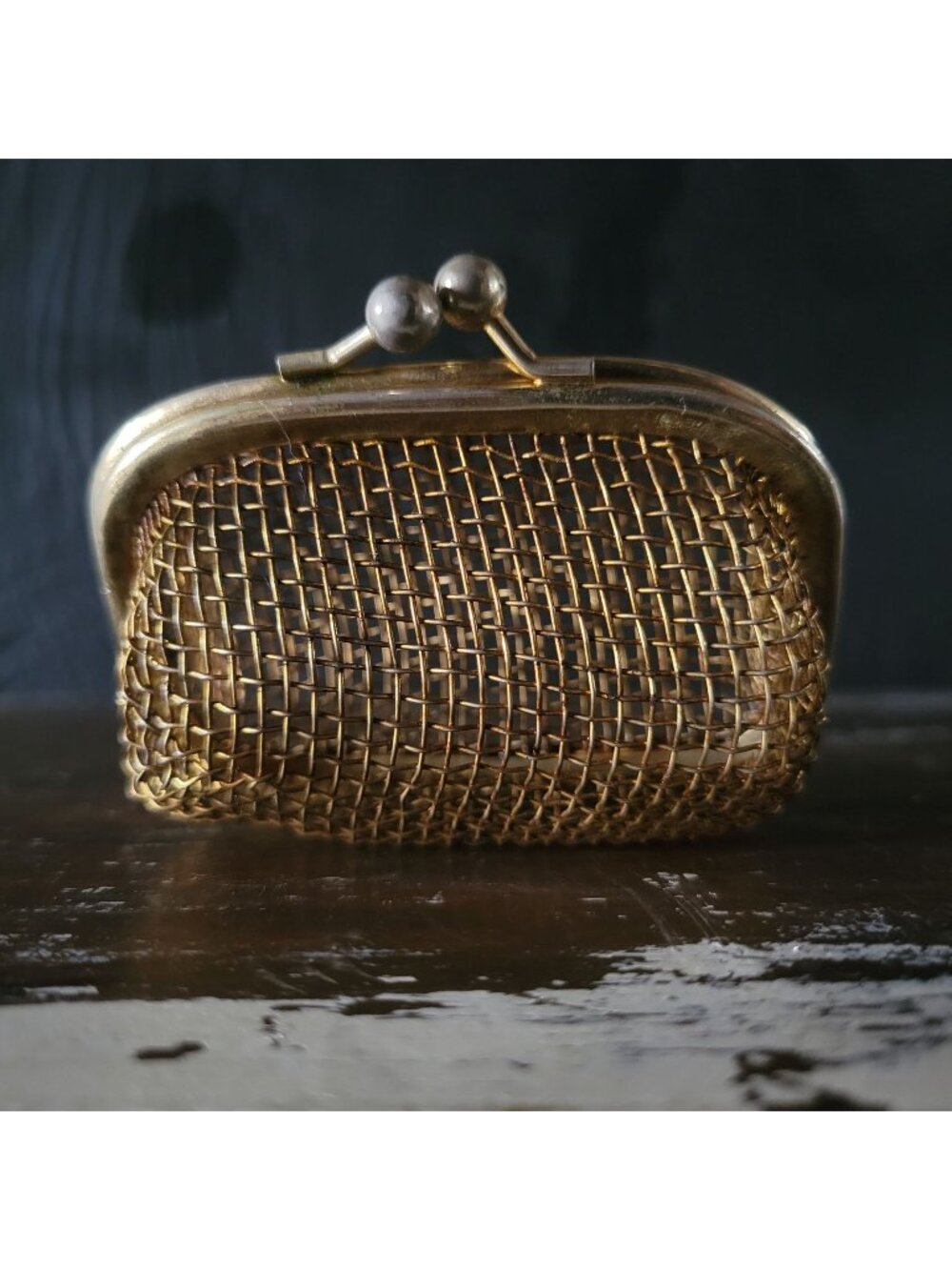 Gold Tone Mini Metal Wire Mesh Hinged Coin Purse Vtg Change Purse Cage Wallet